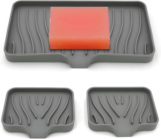 3-Pack Silicone Soap Dish, Sponge Holder for Sink, Kitchen Soap Tray, Bathroom Soap Holder, Sponge Tray with Drain (Grey)-BrightBean Baby