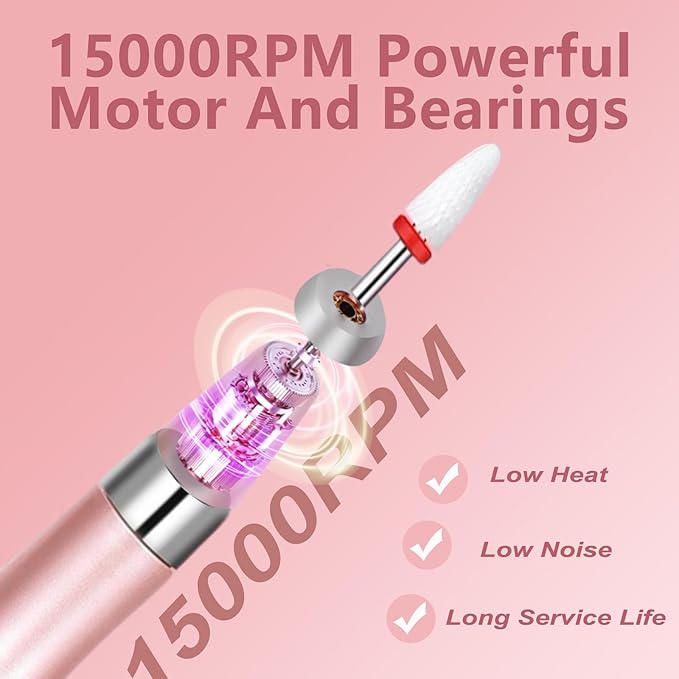 Electric Nail Drill File Cordless,Portable Rechargeable Nail File Kit for Acrylic & Gel Nails,Professional Efile for Manicure Pedicure Polishing,with 12 Nail Drill Bits 31 Sanding Bands,Rose Gold-BrightBean Baby