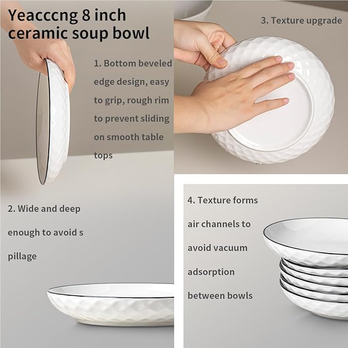 Yeacccng Pasta Bowls Set of 6, White Cereal Bowls Set of 6, 24oz Ceramic Salad Bowls, Lead-Free, 8 Inch White Serving Bowl for Pasta, Salad, Oatmeal, Fruit, Chicken, Dishwasher & Microwave Safe