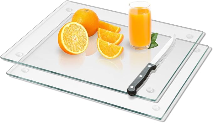 Tempered Glass Cutting Board for Kitchen, Clear Glass Board for Countertop, Heat Resistant, with Non-Slip Feet, 12x16" 2 Pcs Clear
