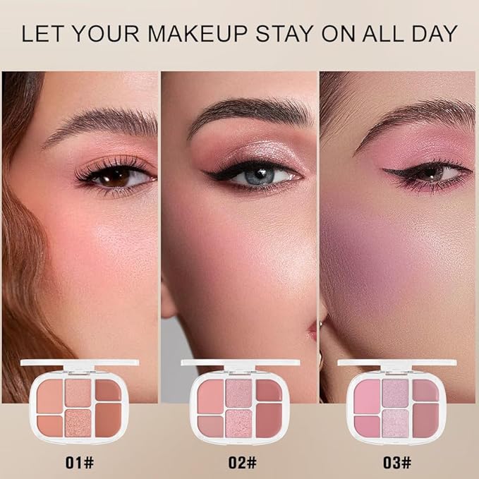 6-in-1 Cream & Powder Makeup Palette – Blush Highlighter & Eyeshadow, Matte & Shimmer Nude Tones, Travel-Friendly Compact for Daily & Travel Use 01-BrightBean Baby