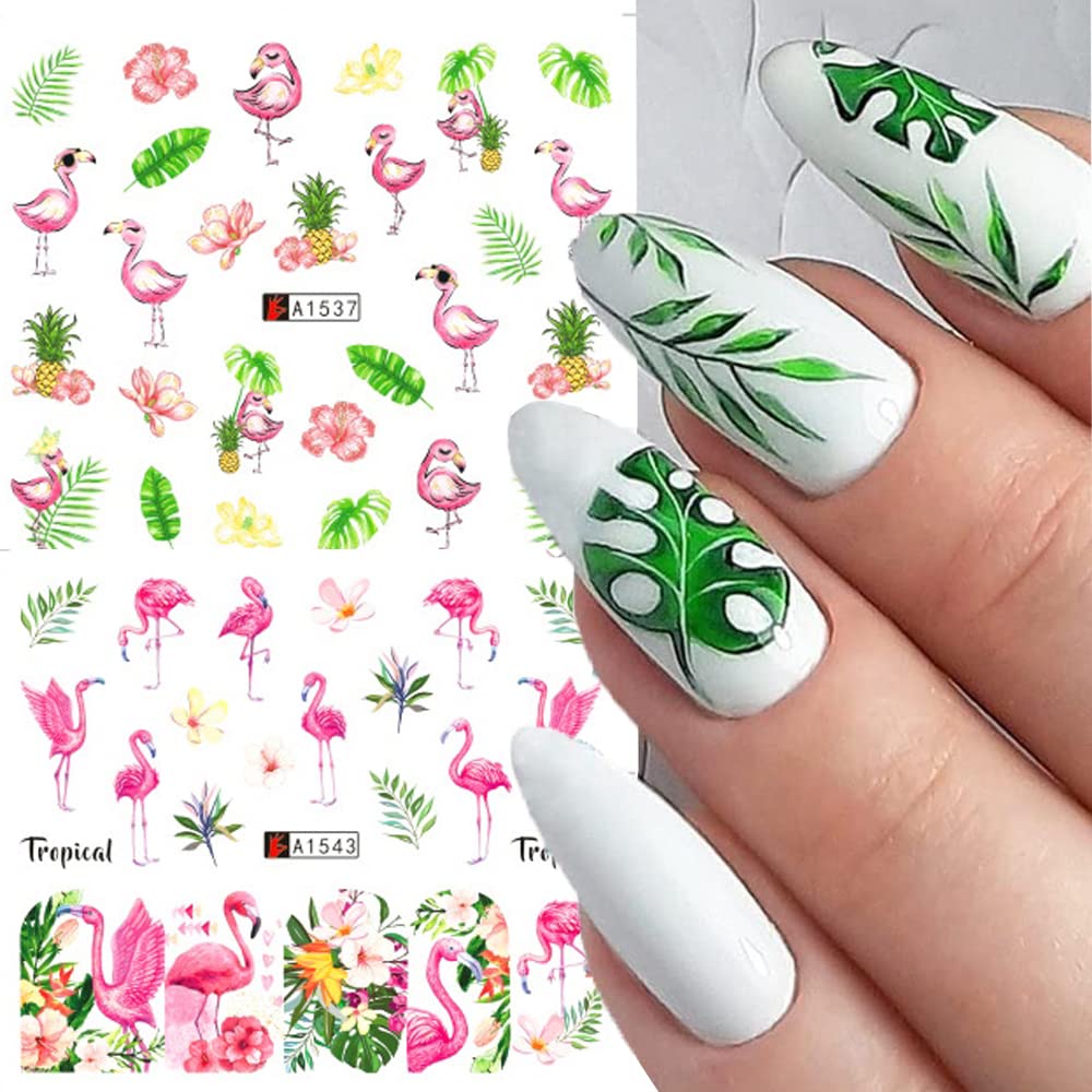 12 Sheet Flamingo Nail Art Stickers Cute Flamingo Green Leaf Design Water Transfer Nail Decals Summer Nail Art Decorations Waterproof Acrylic Nail Stickers for Women DIY Manicure Tips-BrightBean Baby
