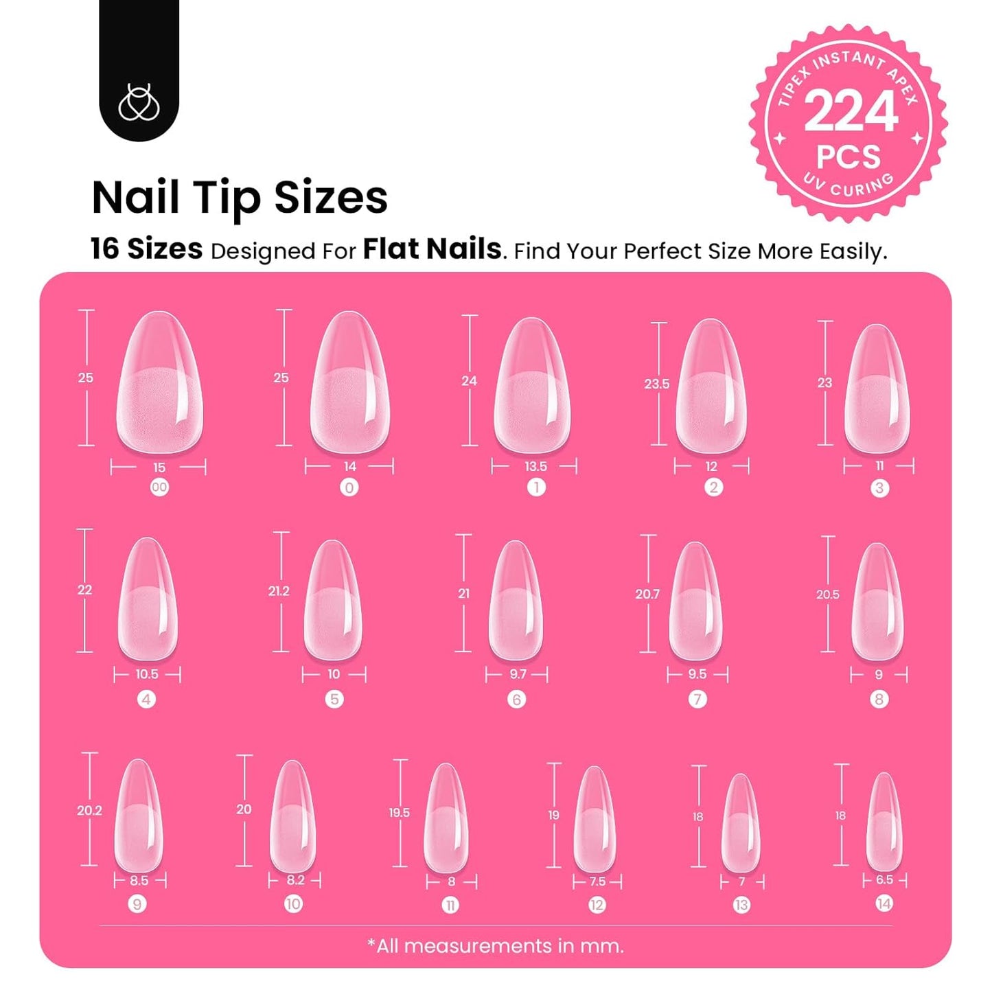 Beetles Tipex Instant Apex Nail Tips Kit, Medium Oval Almond 224Pcs 16 Sizes Pre-Building & Pre-Etched Thicker Acrylic Nails False Nail Extension with Tipex Nail Glue Mini Nail Lamp-BrightBean Baby