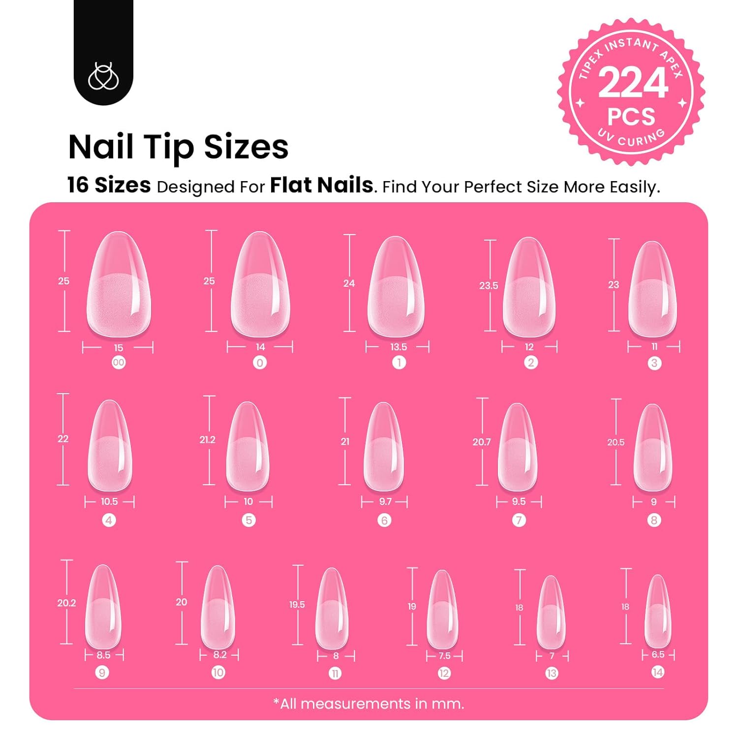 Beetles Tipex Instant Apex Nail Tips Kit, Medium Oval Almond 224Pcs 16 Sizes Pre-Building & Pre-Etched Thicker Acrylic Nails False Nail Extension with Tipex Nail Glue Mini Nail Lamp-BrightBean Baby