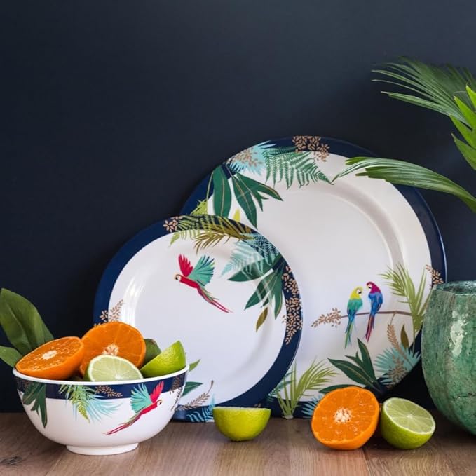 Portmeirion Sara Miller Parrot Melamine Side Plates, Set of 4 - Colorful Tropical Design & Gold Detailing - 8" BPA-Free Shatterproof Salad Tableware for Indoor & Outdoor Dining - Giftable Summer Plate