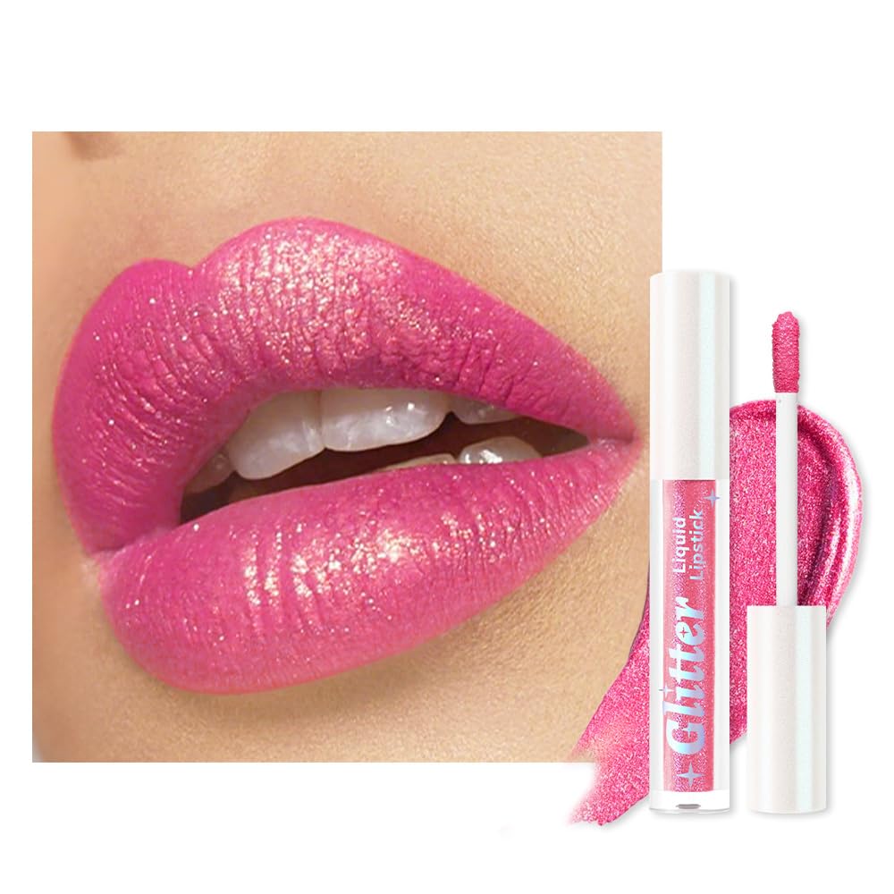 Pink Metallic Lipstick for Women,Lightweight Glitter Sparkling Liquid Lipsticks,Shimmer Lip Gloss Stain Long Lasting Waterproof Smudge Proof Non-Drying 24 Hour Full Coverage Lip Makeup,Vegan-BrightBean Baby