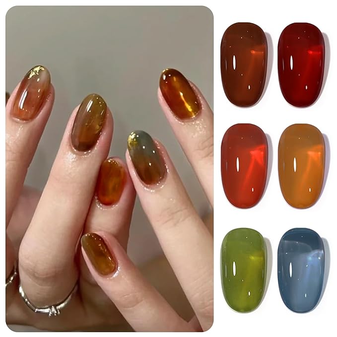 Born Pretty Jelly Gel Nail Polish, Sheer Transparent Crystal Gel Nail Polish, Christmas Brown Red Orange Green Blue Fall Winter Soak off Nail Polish Manicure DIY Home Salon Christmas Gift 7ml 6colors-BrightBean Baby