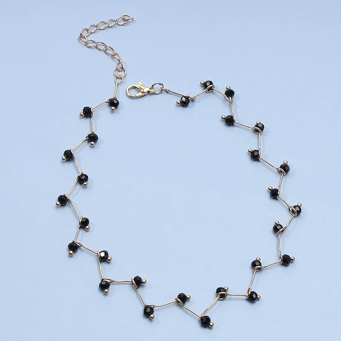 Black Crystal Choker Necklace Short Black Beaded Choker Necklace Silver Chain Necklace Minimalist Necklace Jewelry for Women and Girls-BrightBean Baby