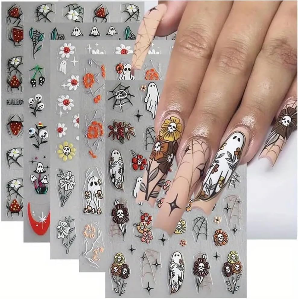 5 Sheets Halloween Nail Art Stickers Horror Ghost Self-Adhesive Embossed Flower Skull Nail Decals - with Cute Sunflower Strawberry Spider Ghost Designs for Women Girls DIY Nail Decoration-BrightBean Baby