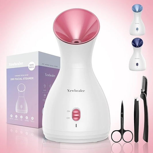 Newbealer 2in1 Facial Steamer, Hot Mist Facial Aromatherapy Humidifier Atomizer, Large Face Steamer Unclogs Pores Sinuses Moisturizing, Home Sauna Spa with Eyebrow Set (Red, 170ml)-BrightBean Baby