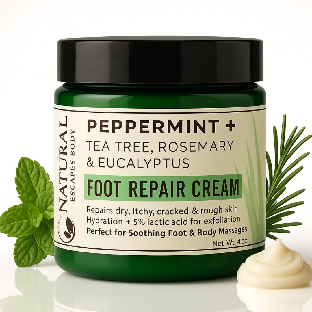 Peppermint + Rosemary, Eucalyptus & Tea Tree Foot Cream for Dry Cracked Heels and Feet - Moisturizing Foot Lotion for Cracked Heel Repair - Callus Remover with Lactic Acid (4 oz)-BrightBean Baby
