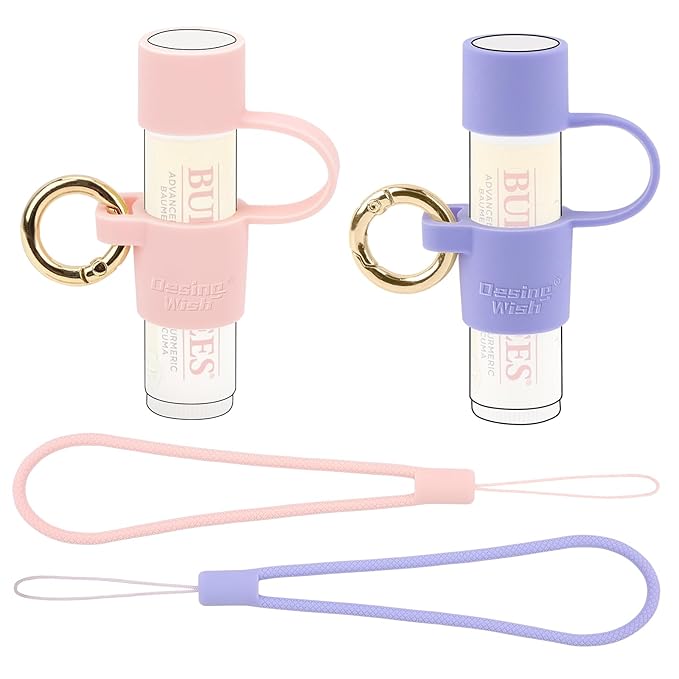 Desing Wish 2 PCS Silicone Lip Balm Holder with Cap Cover Portable Chapstick Holder Keychain Sleeve Lip Balm Key Chain with Key Ring and Wrist Strap Lanyard - Pink/Purple-BrightBean Baby