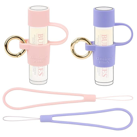 Desing Wish 2 PCS Silicone Lip Balm Holder with Cap Cover Portable Chapstick Holder Keychain Sleeve Lip Balm Key Chain with Key Ring and Wrist Strap Lanyard - Pink/Purple-BrightBean Baby