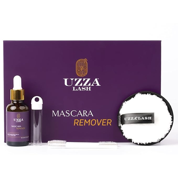 UZZA Lash Eye Makeup Remover - Waterproof Mascara Remover for Sensitive Eyes - Natural Make up Remover - Hygienic Kit Includes Eyelash Brush, Reusable Pads, Cleanser Liquid 1oz-BrightBean Baby