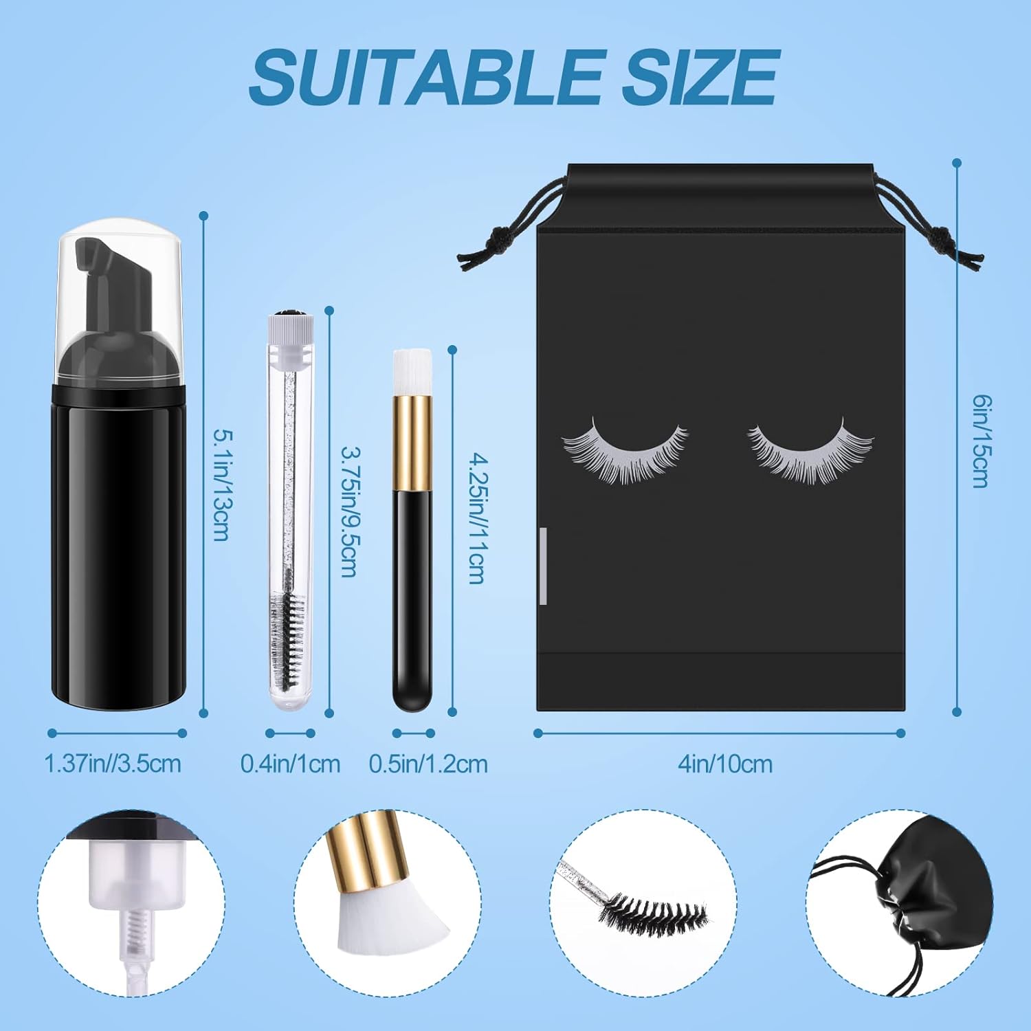 Homicozy 40 Pcs Lash Shampoo Bottle Brushes & Dispensers Set - 10 Pcs Lash Brushes, Tubes & Aftercare Bag for Clients, Women, Girls (Black)-BrightBean Baby
