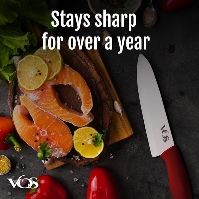 Vos Ceramic Knife Set - Ceramic Kitchen Knives With Peeler, Paring Knives 4", 5", 6", 7", 8" Inch Red