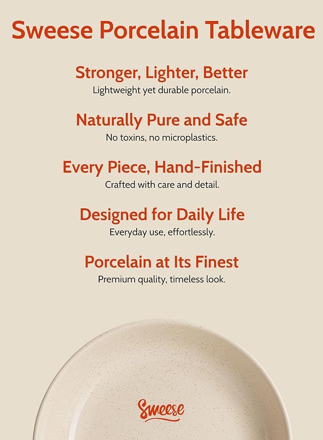 Sweese 30 Oz Salad Serving Bowls Set of 6, 8.4 Inch, Porcelain Pasta Plates - Microwave Dishwasher Safe, Beige