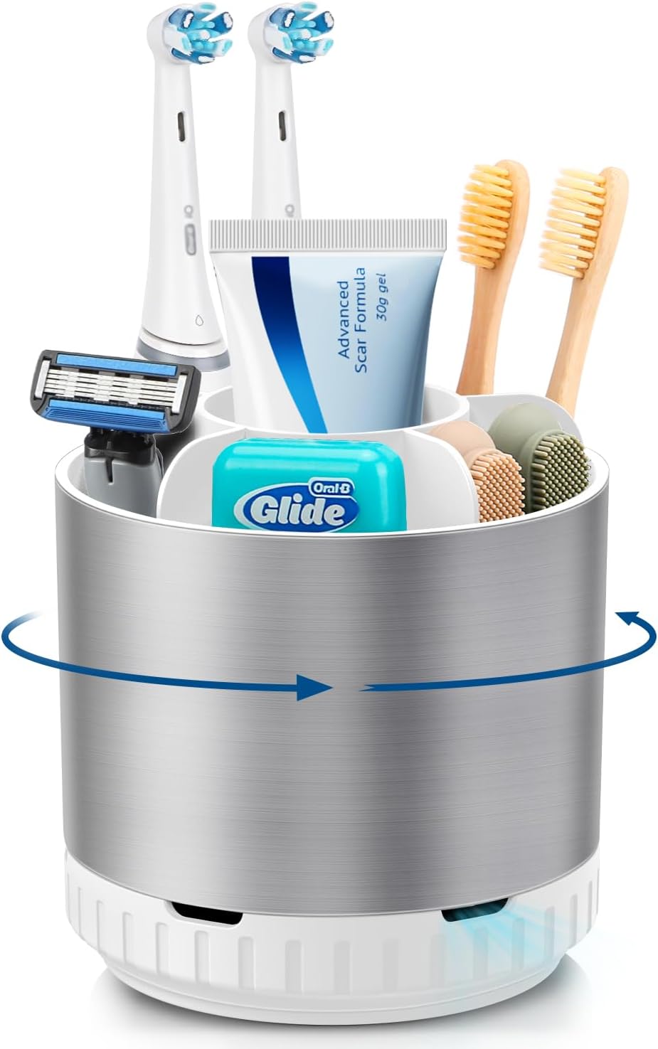 Silver Toothbrush Holders for Bathrooms Countertop Organizer - Kids Electric Toothbrush and Toothpaste Holder Rotating Tooth Brush Organization Bathroom Sink Accessories Storage Caddy-BrightBean Baby