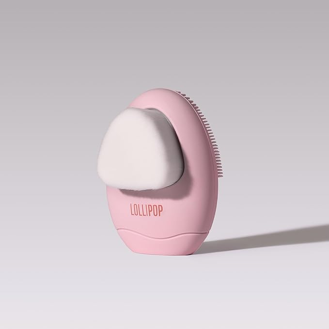 LOLLIPOP Dual-Sided Facial Cleansing Brush | Palm Size Silicone Face Exfoliator and Soft Fiber Cleanser | Manual Face Scrubber for Pores, Makeup Removal, Blackhead and Skincare Routine, Bubblegum-BrightBean Baby