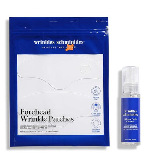 Wrinkles Schminkles Forehead Wrinkle Patches, 2-Pack, Reusable Hypoallergenic Silicone Smoothing Pads + Silicone Patch Cleanser 2 oz, Clean Silicone Patches Without Breaking Down The Adhesive-BrightBean Baby