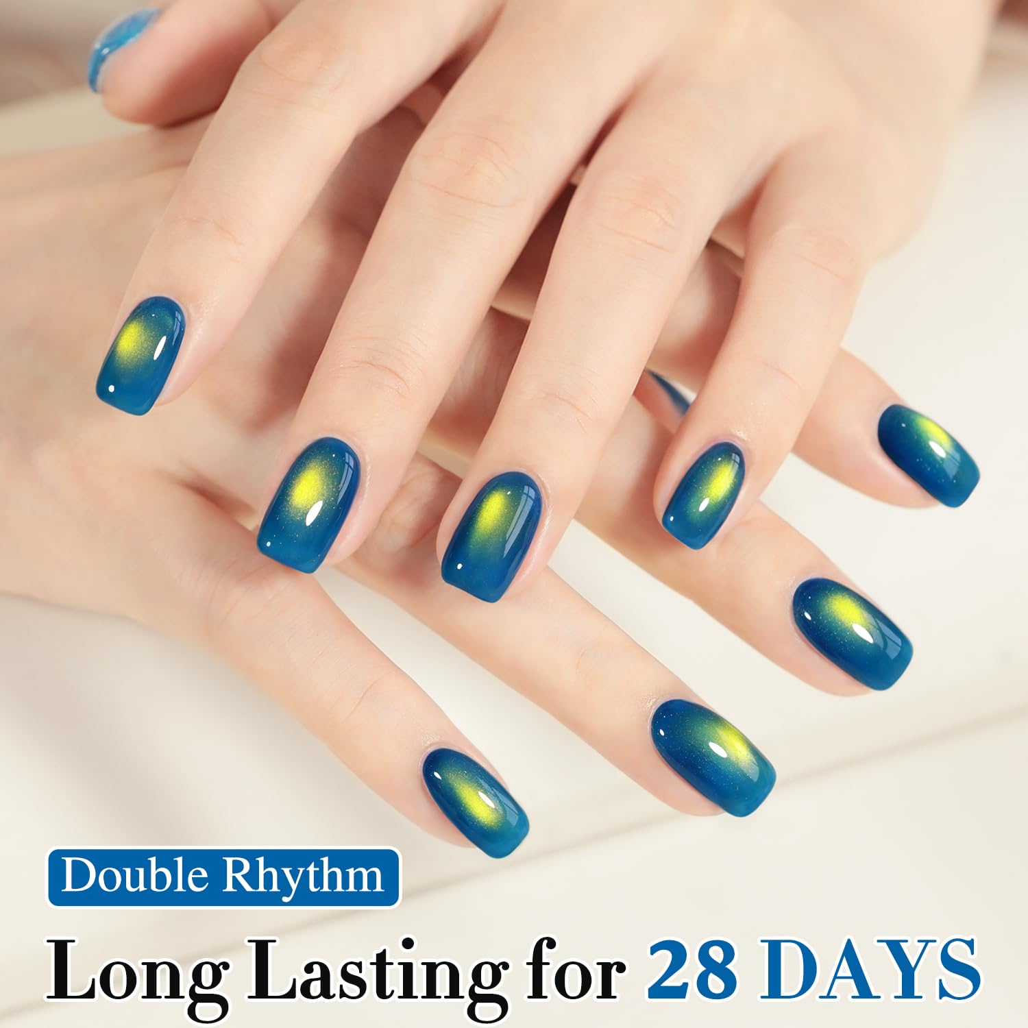 Double Rhythm Jelly Glass Cat Eye Gel Polish with Magnet 15ML Holographic Glitter Shimmer Translucent Sheer Color Magnetic Nail Polish Salon DIY at Home (Golden Blue-MC1255)-BrightBean Baby