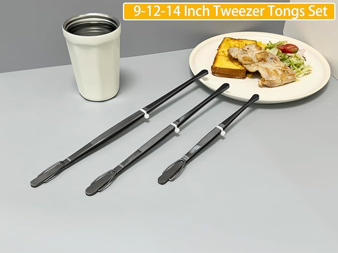 JETKONG 3Pcs Extra Long Kitchen Tweezers Heavy Duty Stainless Steel Cooking Tweezers (9 12 14 Inch, Black)