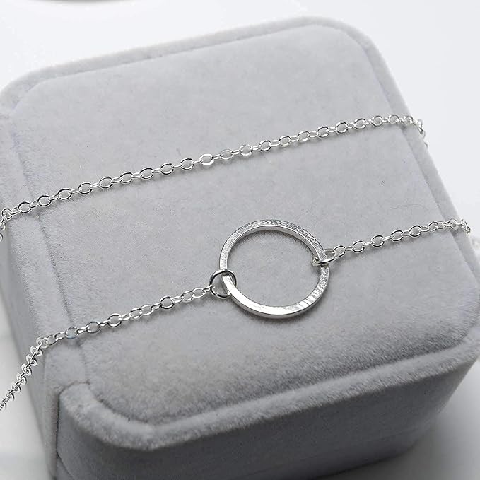 Vertical Bar Circle Necklace Silver Circle Pendant Necklace Boho Long Necklaces Chain Minimalist Geometric Ring Necklace Jewelry for Women and Girls-BrightBean Baby