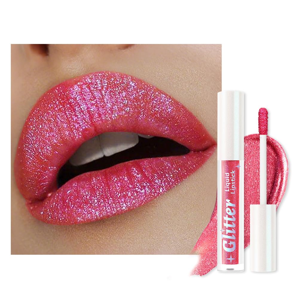 Orange Pink Metallic Lipstick for Women,Lightweight Glitter Sparkling Liquid Lipsticks,Shimmer Lip Gloss Stain Long Lasting Waterproof Smudge Proof Non-Drying 24 Hour Full Coverage Lip Makeup,Vegan-BrightBean Baby