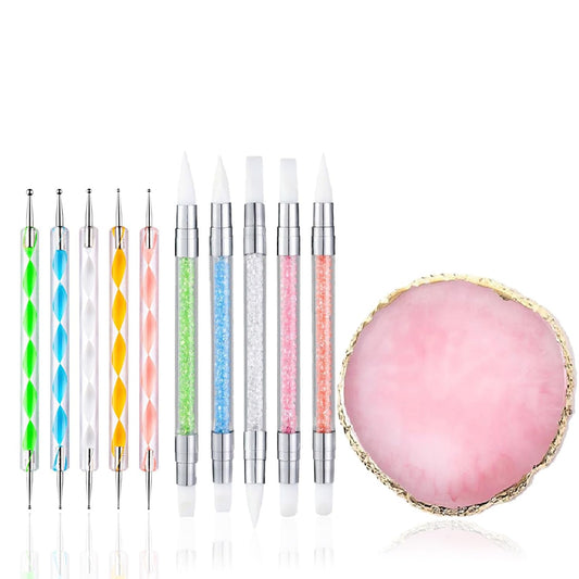 Nail Art Design 11PCS Kits - Resin Nail Art Palette, 5Pcs Nail Art Sculpture Pen Dual Tipped Silicone Nail Tools, 5Pcs Double Ended Nail Dotting Pens-BrightBean Baby