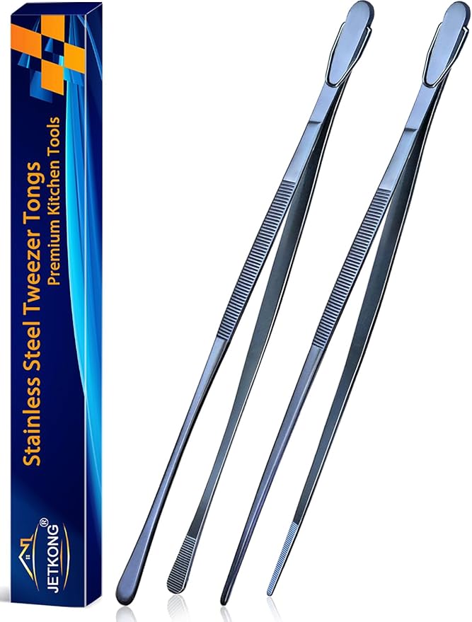 JETKONG 2 Pcs 14-Inch Cooking Tweezer Tongs Extra- Long Stainless Steel Kitchen Tweezers Plating Tongs (Navy Blue)