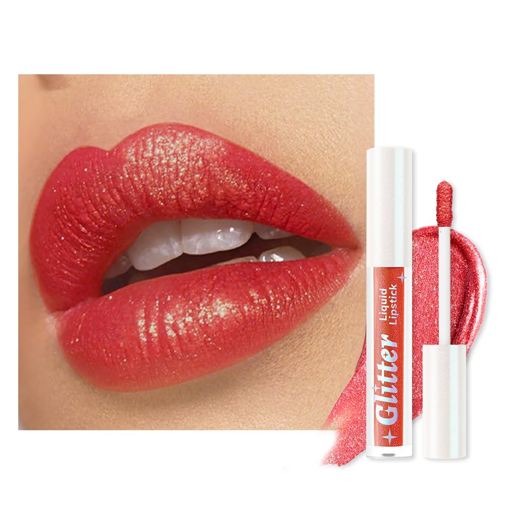 Red Metallic Lipstick for Women,Lightweight Glitter Sparkling Liquid Lipsticks,Shimmer Lip Gloss Stain Long Lasting Waterproof Smudge Proof Non-Drying 24 Hour Full Coverage Lip Makeup,Vegan-BrightBean Baby