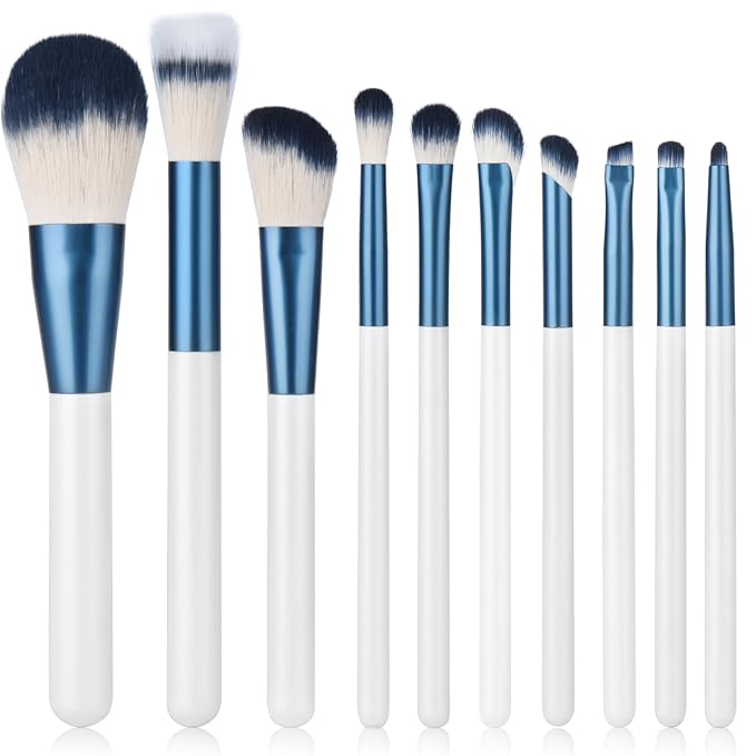 Makeup Brushes Set With Case 10Pcs White Makeup Brush Kit Foundation Eyeshadow Powder Blending Kabuki Eyebrow Eyelash Brushes Cosmetic Brush Travel Kit Gift (White+Blue)-BrightBean Baby