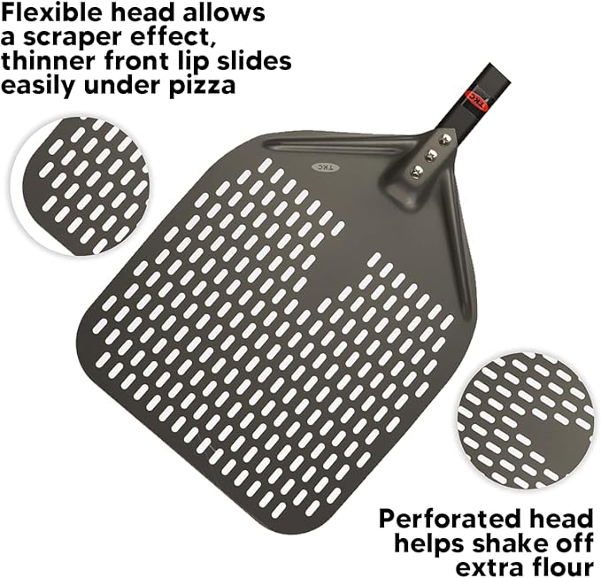 TKC Perforated Pizza Peel - 12" Metal Pizza Turner compatible with Ooni Ovens, Indoor & Outdoor Use, Durable and Heat-Resistant Handle, Lightweight Pizza Spatula (Black)