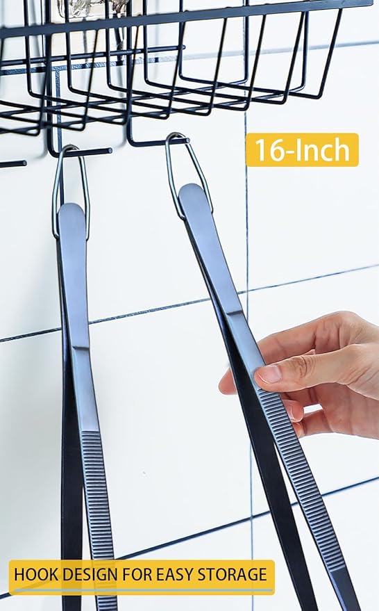 JETKONG 2 Pcs 16-Inch Heavy Duty Cooking Tweezers Extra Long Stainless Steel Kitchen Tweezers Large Plating Tongs (Navy Blue)