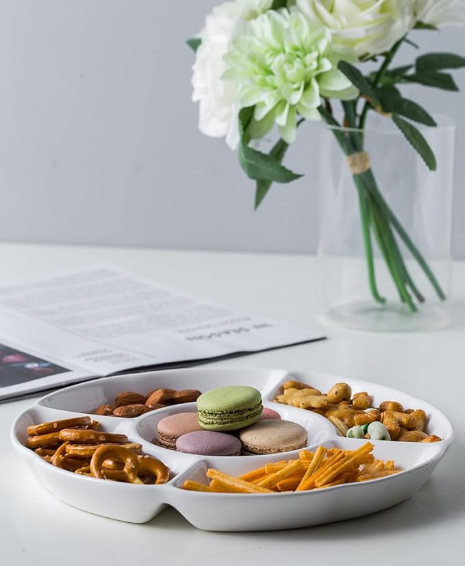 LAUCHUH Veggie Tray Set of 2, Porcelain Chip & Dip Serving Set Divided Serving Platter White Serving Tray for Party, Fruits, Veggies, Candy, Snack, Dessert, 12 inch