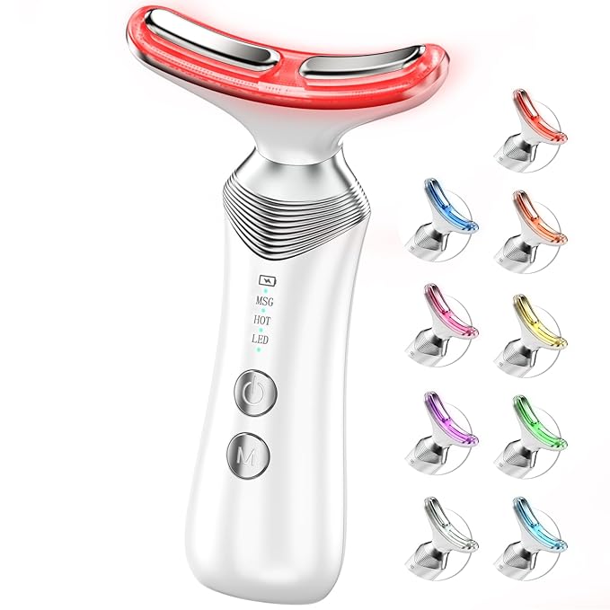 9-in-1 Red-Light-Therapy-for-Face-and-Neck, Portable Facial Massager Tool with Adjustable Vibration & Thermals for Wrinkles, Double Chin, White-BrightBean Baby