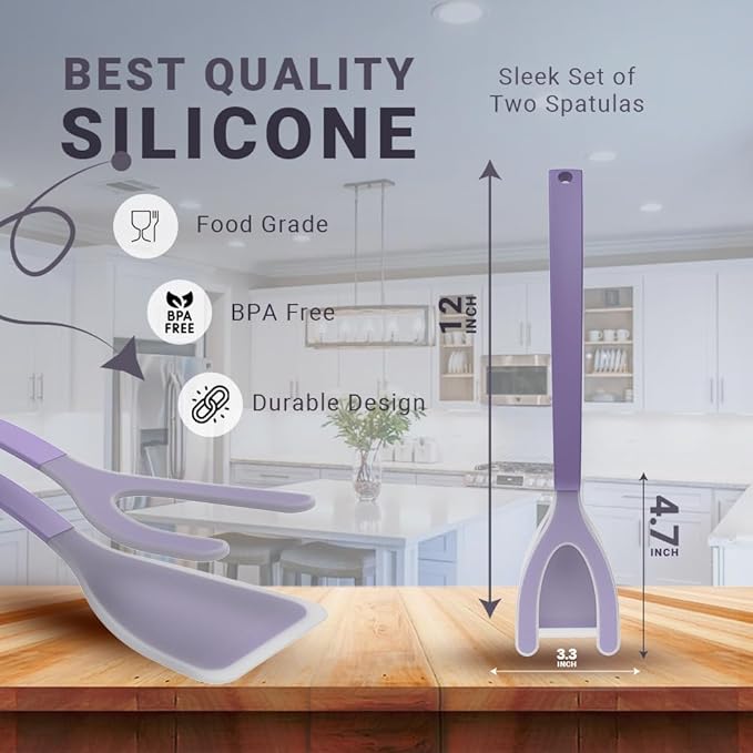 Silicone Egg Flipper Spatula Tongs (Set of 1) – Non-Stick 2-in-1 Grip & Flip Kitchen Tongs for Pancakes, Fish, Eggs, and More – Heat Resistant Cooking Tool (Purple)