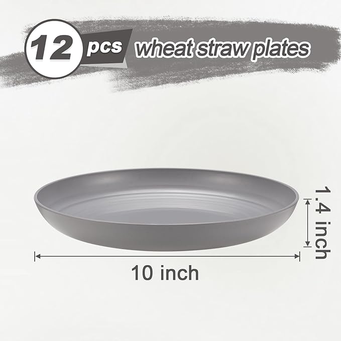 12 Pcs Unbreakable Deep Dinner Plates Set, 10 inch Reusable Plastic Wheat Straw Plates, Microwave and Dishwasher Safe Plate for Kitchen, Lightweight Plate for Dessert, BPA Free, Gray