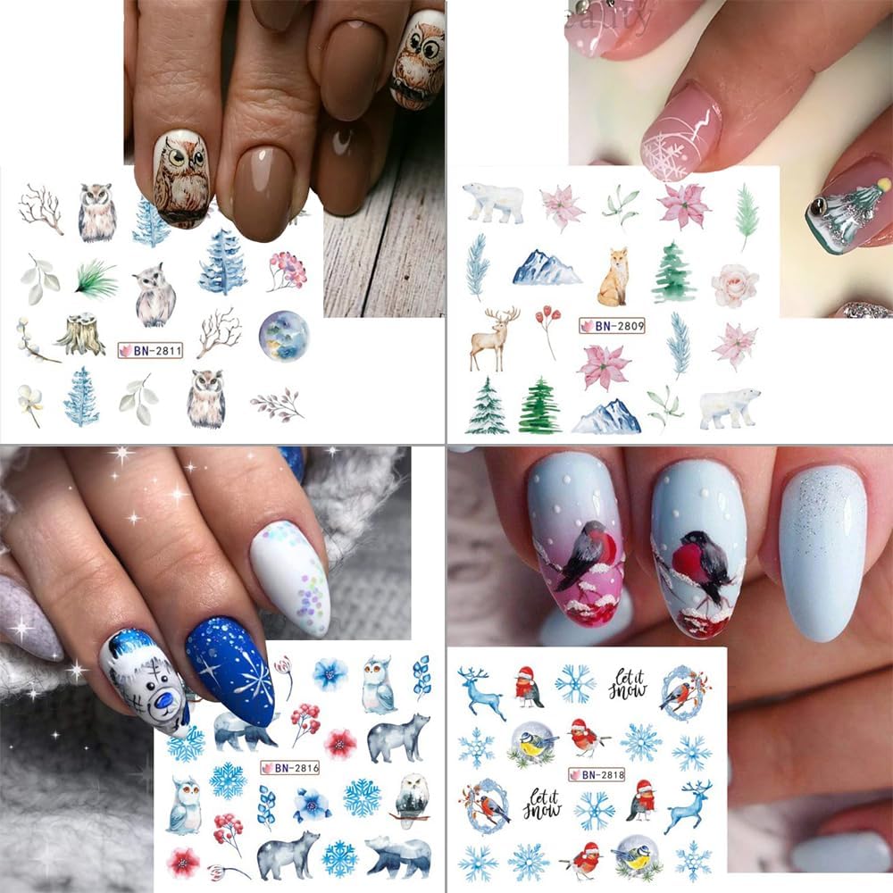 12 Sheets Snowflake Nail Art Stickers Water Transfer Nail Decals Christmas Nail Art Decorations Blue Snowflake Elk Santa Tree Bear Cute Winter Pattern Watermark Nail Stickers for Women DIY Nail Supply-BrightBean Baby