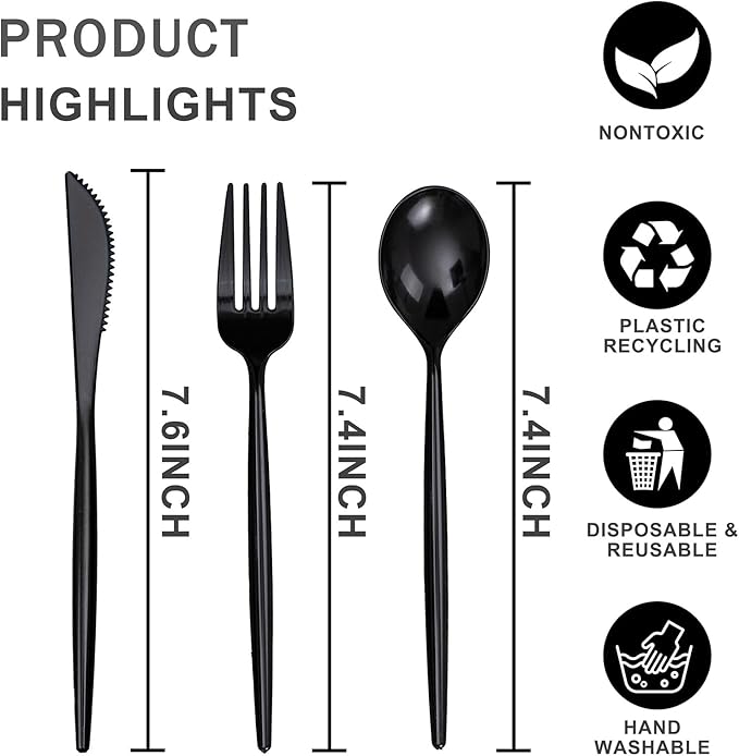Rubtlamp 90Pcs Plastic Black Silverware, Black Disposable Cutlery, Plastic Utensils Heay Duty include 30 Plastic Knives 60 Plastic Black Forks and Spoons, Black Cutlery For Halloween Decorations