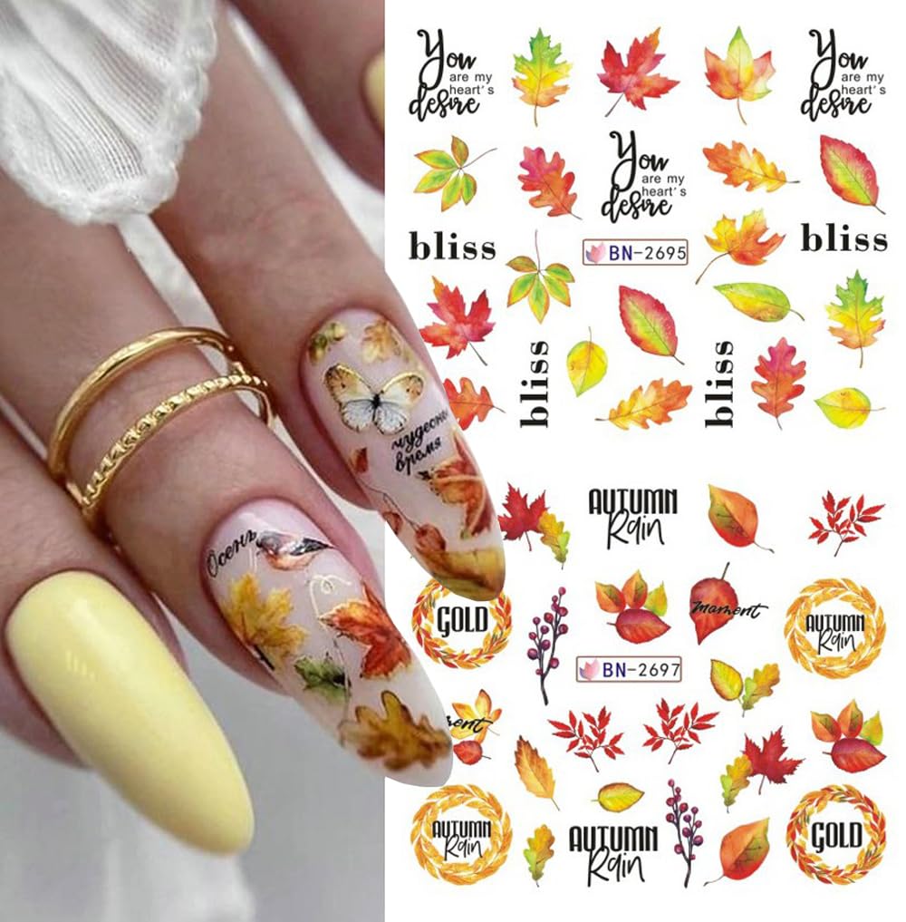 Fall Thanksgiving Nail Art Stickers Decals, 12 Sheets Maple Leaf Design Water Transfer Nail Decals Autumn Thanksgiving Nail Art Decoration Abstract Leaves Ginkgo Slider Nail Foils for Women DIY Supply-BrightBean Baby