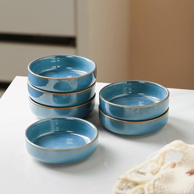Selamica Ceramic 3.3 Inch Soy Sauce Dish Dipping Bowls Side Dishes Small Appetizer Pinch Bowls for Condiments, Sushi, Ketchup, BBQ-Set of 6(Ceylon Blue)