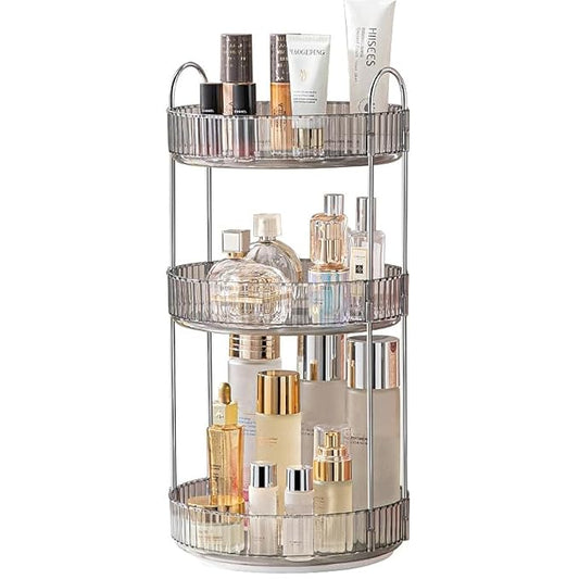 Makeup Organizer for Vanity, 360° Rotating Bathroom Organizer Countertop, High-Capacity Skincare Organizer, Spinning Cosmetics Organizer for Dresser Countertop (3 Tiers, Grey)-BrightBean Baby