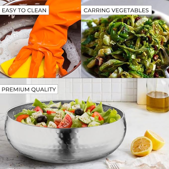 Avador® Set of 3 Premium Stainless Steel Salad Mixing Bowl Hammered Finish | Handmade | Includes Salad Serving Utensils (Stainless Steel)