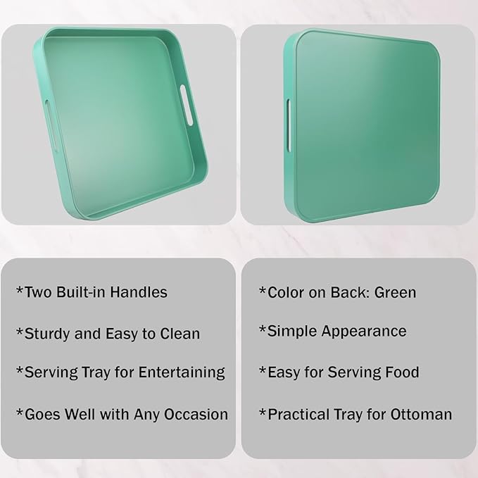 Square Green Decorative Serving Tray with Handles, Versatile Ottoman Tray for Coffee Table, Entertaining, Outdoor Patio, Living Room, 13”*13”*1.6”