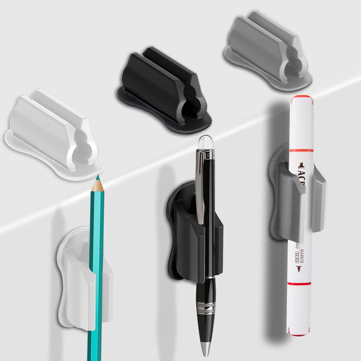 Adhesive Pen Holder for Wall Pencil Holder for Desk Organizer, 6Pack Silicone Pen Holders for Clipboard, Marker Holder Sticky Pen Holder for Desk Accessories, Office Supplies (2black+2white+2grey)-BrightBean Baby
