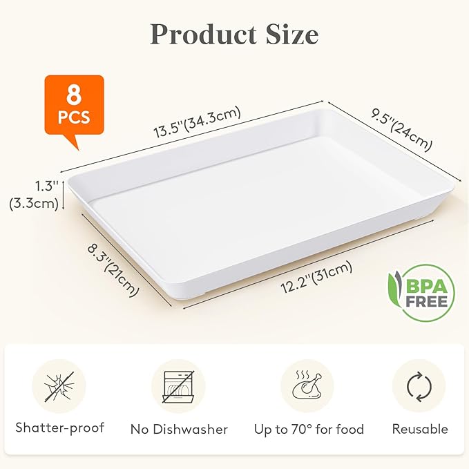 Lifewit Plastic Serving Tray for Party Supplies, White Trays for Serving Food, Reusable Large Platter for Buffet, Fruit, Dessert, Snack, Veggie, Kitchen and Outdoor Use, Rectangle, 14" x 10", 8 Pcs