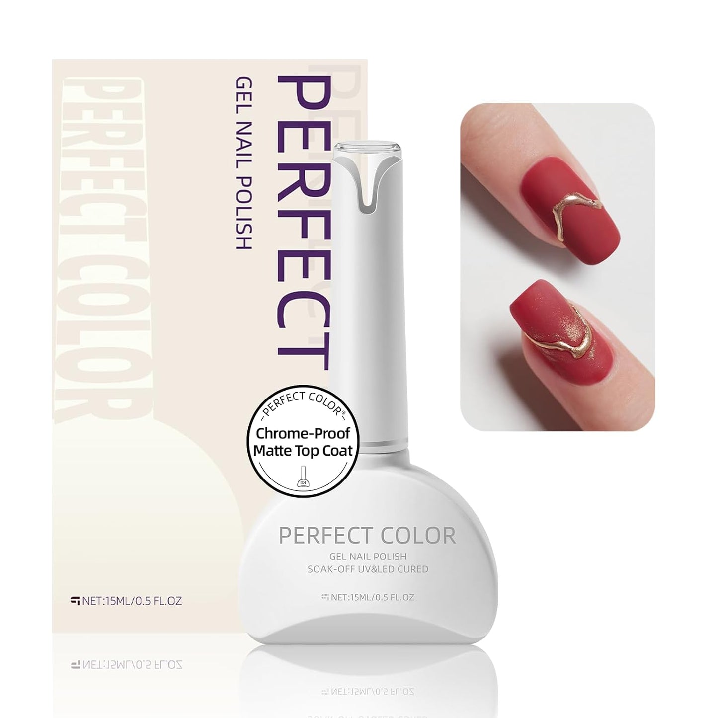 PERFECT COLOR Chrome-Proof Matte Top Coat, UV/LED Cured Gel Nail Polish, Anti-Stick Long-Lasting Formula, 0.5 Fl Oz-BrightBean Baby