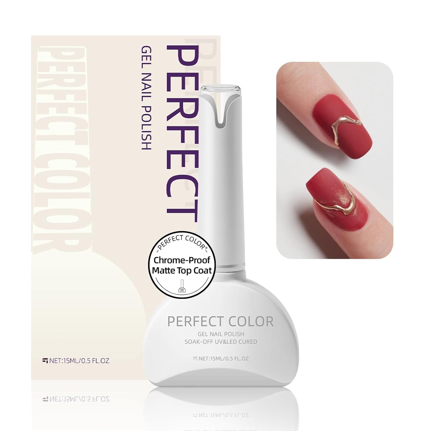 PERFECT COLOR Chrome-Proof Matte Top Coat, UV/LED Cured Gel Nail Polish, Anti-Stick Long-Lasting Formula, 0.5 Fl Oz-BrightBean Baby