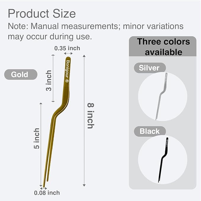 8 Inch Precision Offset Tweezers, Kitchen Culinary Stainless Steel Tongs, Curved Kitchen Cooking Multi-function Chef Precision Tweezer Tongs for Plating, Food Decorating and ect (Gold)
